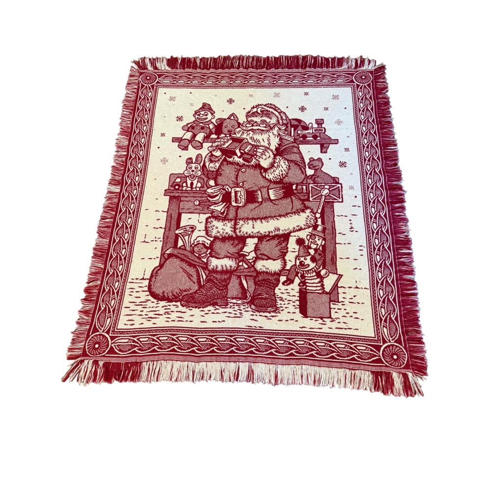 Afghans of Spain Woven Santa Workshop Christmas Throw Blanket Burgundy Red Cream